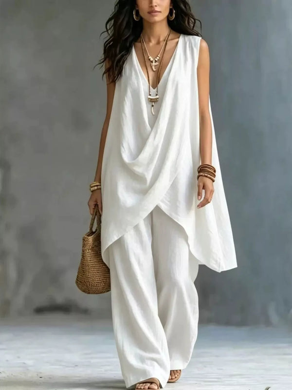 Sleeveless Asymmetrical Top and Wide-Leg Pants Set - Women's Clothing & Dresses USA