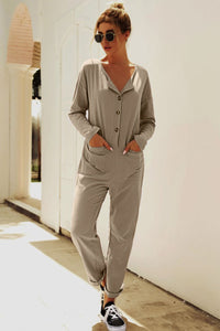 Buttoned Drop Shoulder Pocket Jumpsuit Thumbnail 1