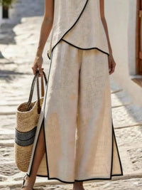 Contrast Trim Top and Slit Pants Set Thumbnail 2