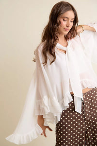 Sheer Ruffle Bell Sleeve Bow Tie Blouse Thumbnail 5