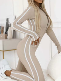 Full Size Stripe Zip-Front Long Sleeve Jumpsuit Plus Size Thumbnail 6