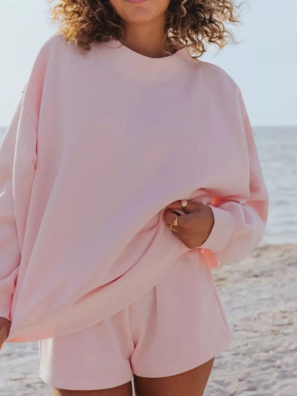 Relaxed Fit Round Neck Sweatshirt and Shorts Set - Alternate View - WE4U Fashion USA