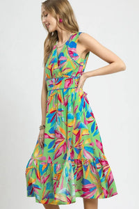 Umgee Ruffled Hem Printed Sleeveless Midi Dress Thumbnail 3