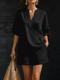 Full Size Notched Half Sleeve Top and Shorts Set Plus Size Thumbnail 3