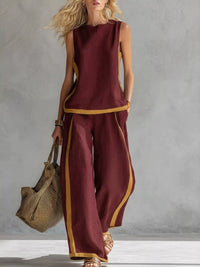 Full Size Contrast Stripe Sleeveless Top & Wide-Leg Pants Set Plus Size Thumbnail 4