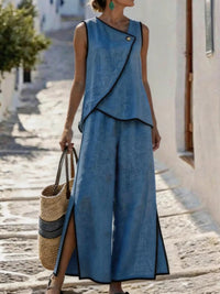 Contrast Trim Top and Slit Pants Set Thumbnail 5