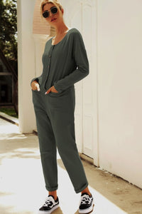 Buttoned Drop Shoulder Pocket Jumpsuit Thumbnail 9