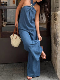Halter Neck Top and Wide-Leg Pants Set Thumbnail 4