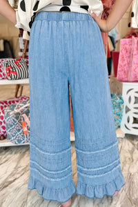 Ruffled Hem Wide Leg Chambray Jeans Thumbnail 3