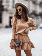 Pleated Long-Sleeve V-Neck Dress WE4U