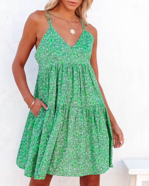 Women New Floral Print Criss Cross Strap V Neck Dress