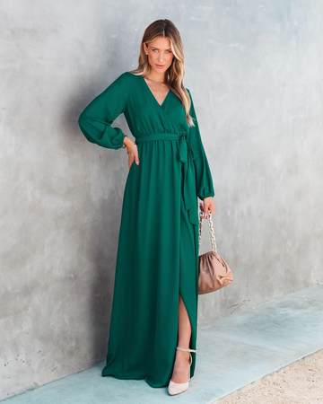 Belted V-Neck Long Sleeve Maxi Dress
