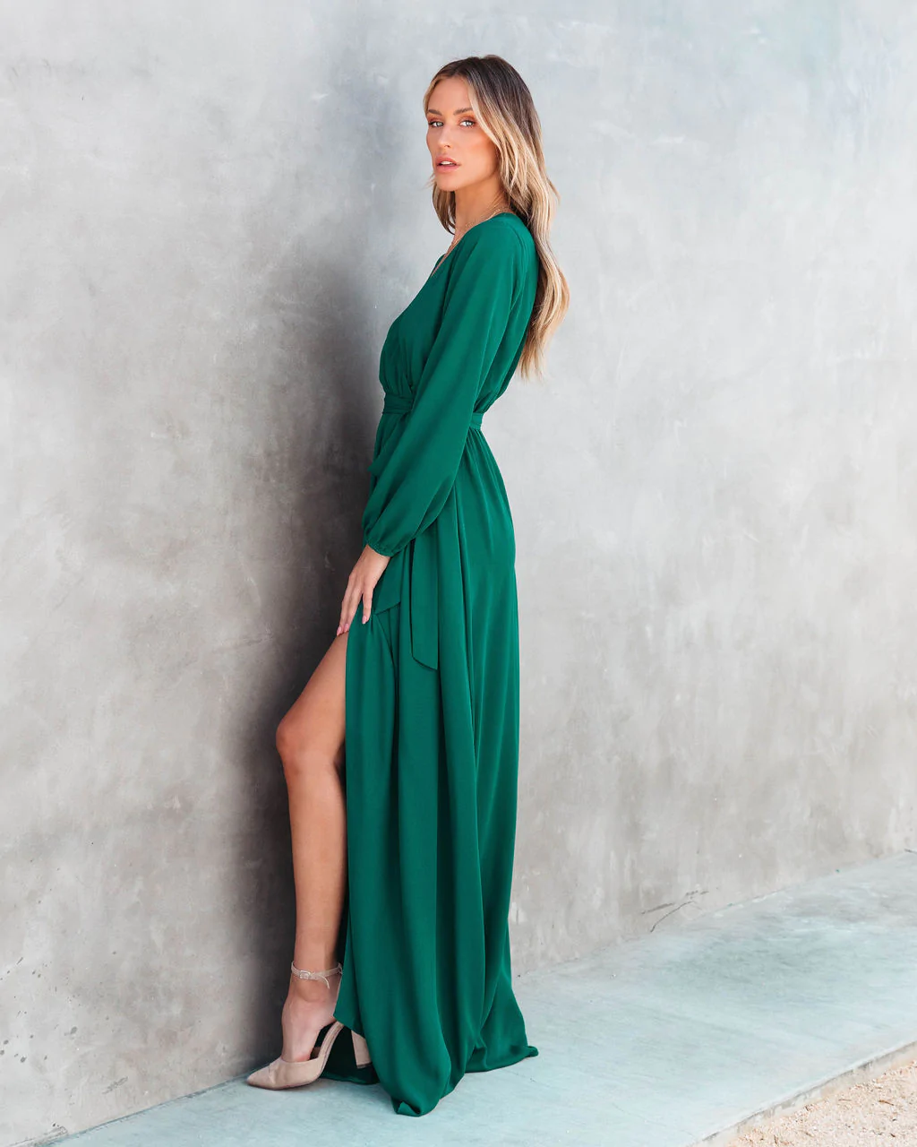 Belted V-Neck Long Sleeve Maxi Dress