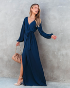 Belted V-Neck Long Sleeve Maxi Dress