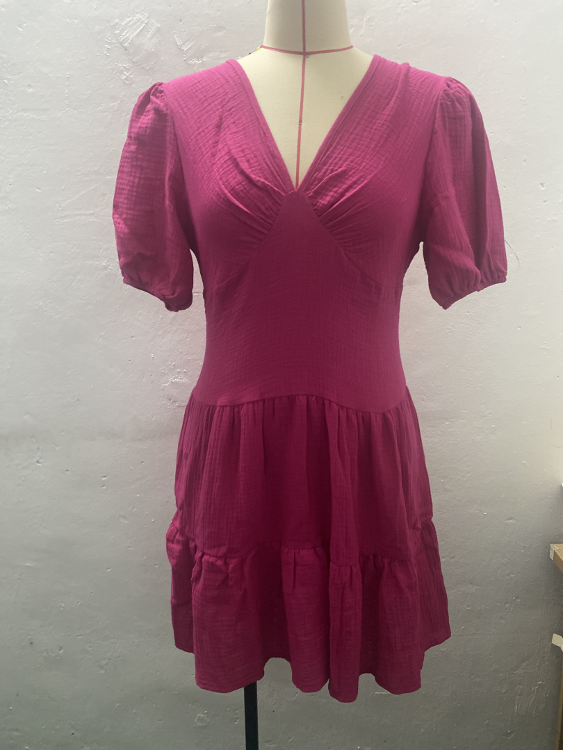 Women Short Sleeve Cinched Waist Slim Fit Big Swing Dress Rose Red Tiered Dress Ruffled