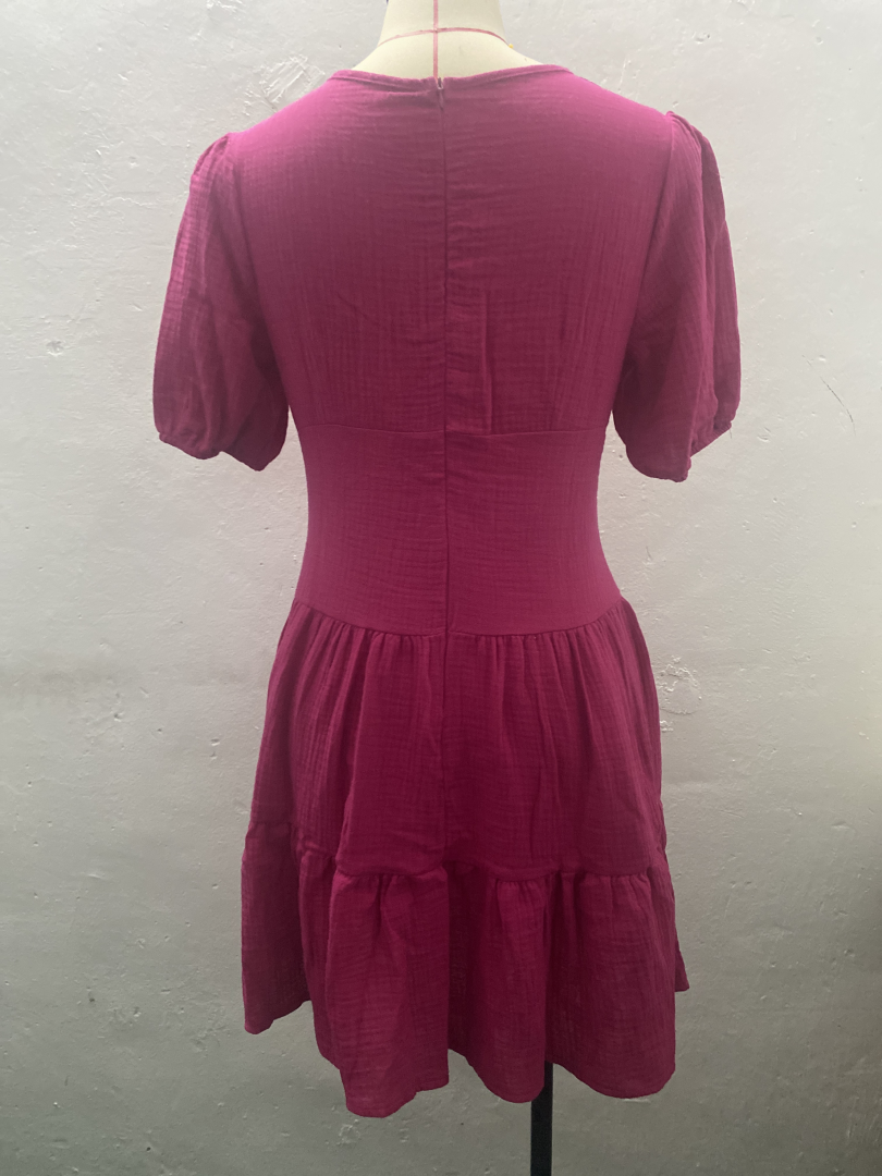 Women Short Sleeve Cinched Waist Slim Fit Big Swing Dress Rose Red Tiered Dress Ruffled