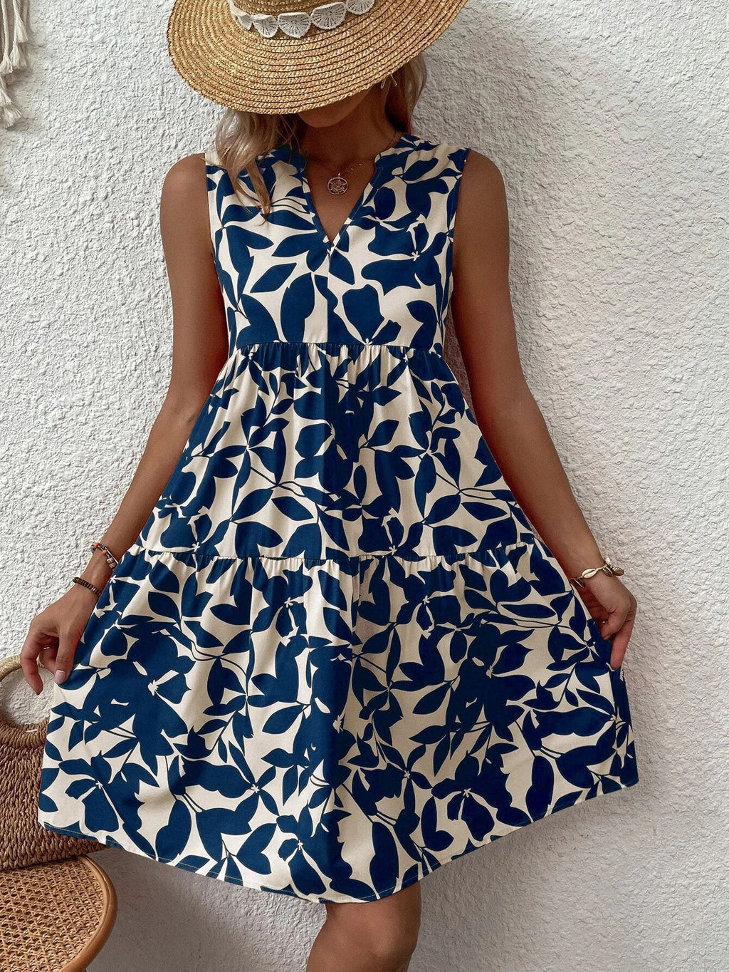 Women Bohemian Fashion Loose V neck Pleated Print Dress Women