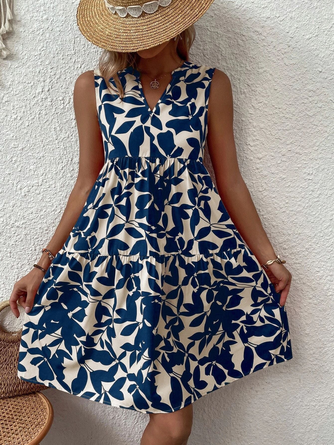 Women Bohemian Fashion Loose V neck Pleated Print Dress Women