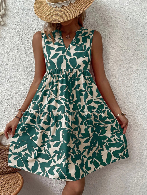 Boho Print V-Neck Pleated Dress