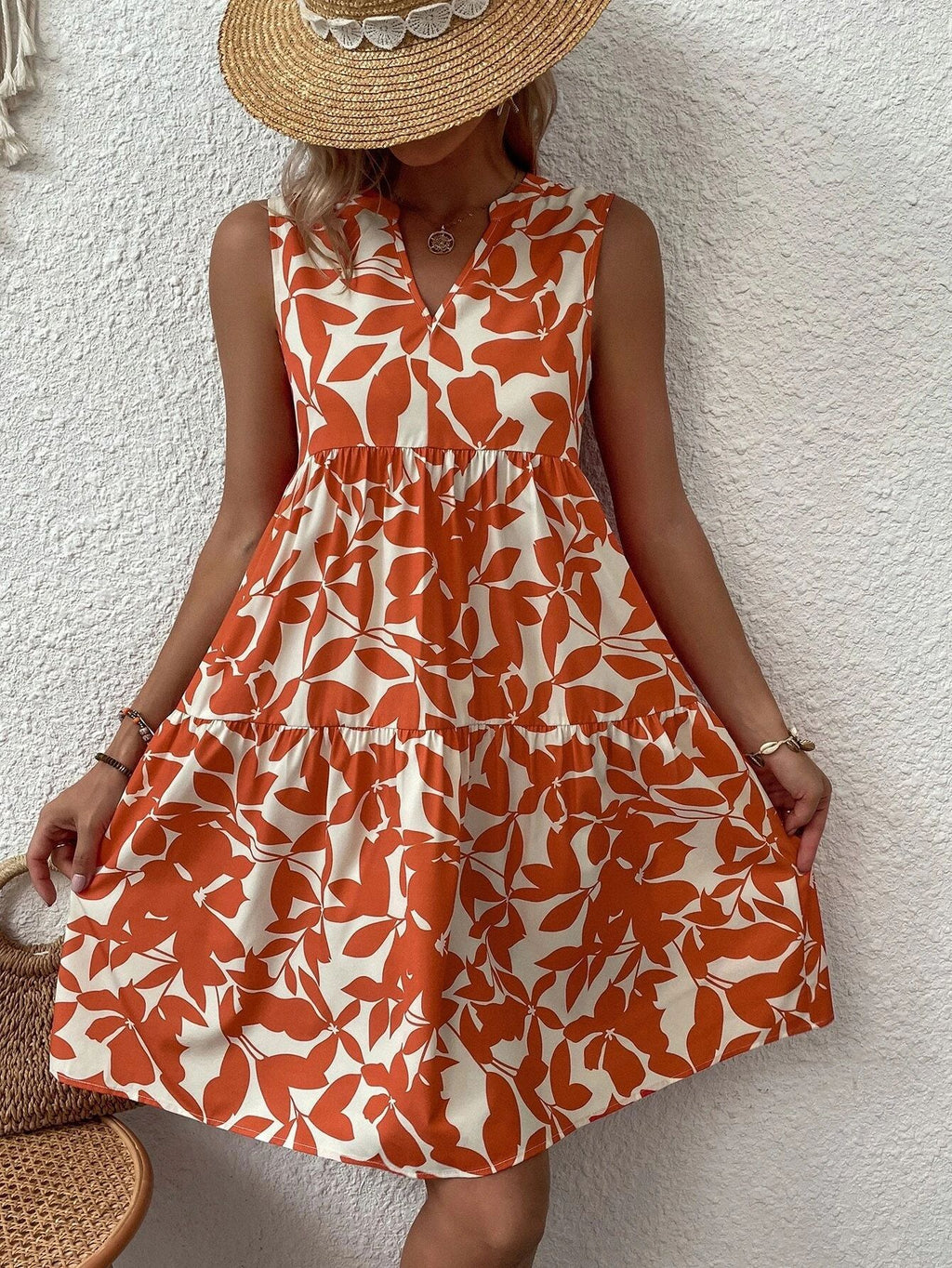 Women Bohemian Fashion Loose V neck Pleated Print Dress Women