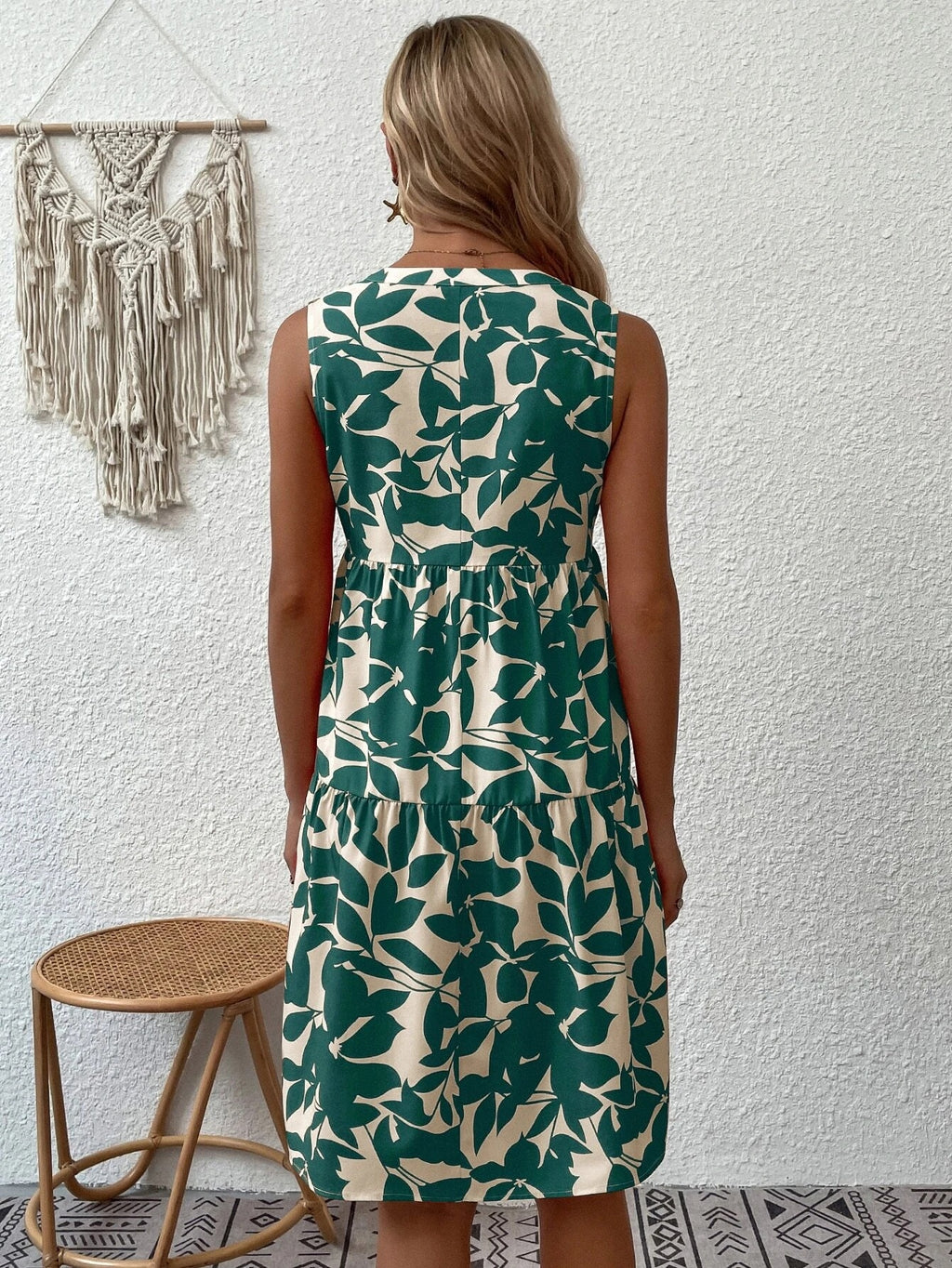 Women Bohemian Fashion Loose V neck Pleated Print Dress Women