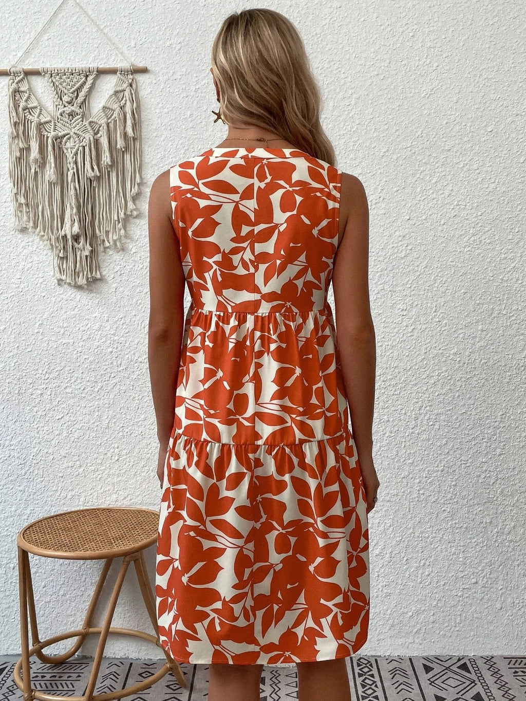 Women Bohemian Fashion Loose V neck Pleated Print Dress Women