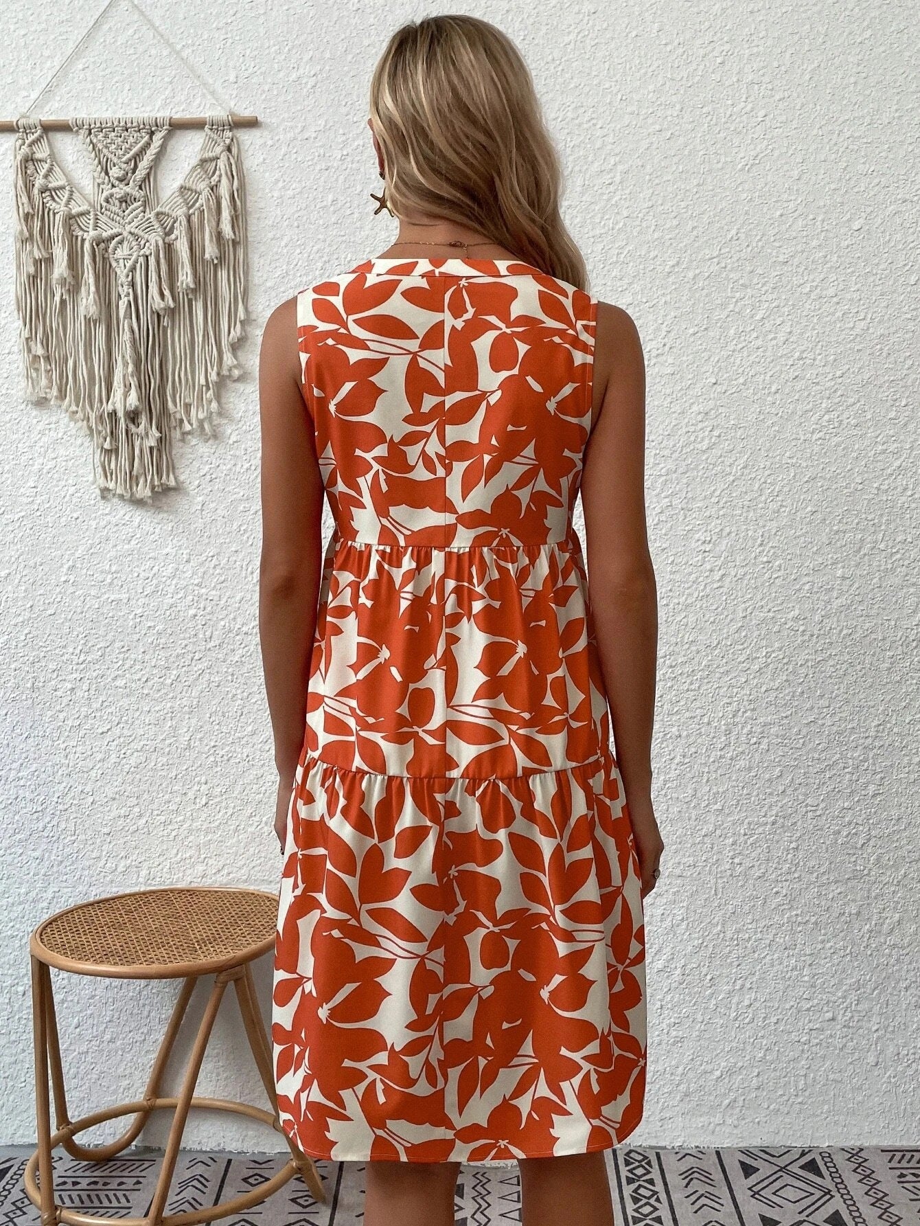Women Bohemian Fashion Loose V neck Pleated Print Dress Women