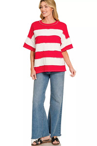 Zenana French Terry Striped Exposed Seam Top Thumbnail 2