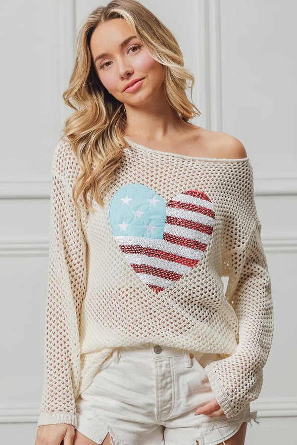 BiBi Sequin American Flag Heart Knit Up - Alternate View - WE4U Fashion USA