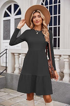 Pocket Crew-Neck Long Sleeve Midi Dress WE4U