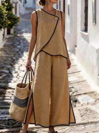 Contrast Trim Top and Slit Pants Set Thumbnail 3