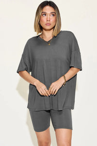 Basic Bae Full Size V-Neck Drop Shoulder T-Shirt and Shorts Set Thumbnail 27