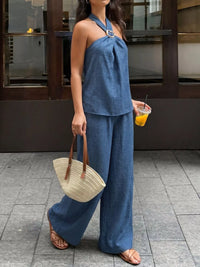 Halter Neck Top and Wide-Leg Pants Set Thumbnail 2