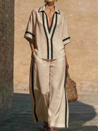 Full Size Contrast Trim Top and Pants Set Plus Size Thumbnail 6
