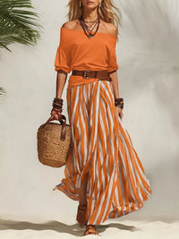 Off Shoulder Top and Striped Maxi Skirt Set Thumbnail 8