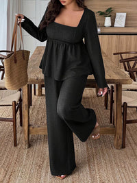 Plus Size Square Neck Long Sleeve Top and Pants Two-Piece Set Thumbnail 14