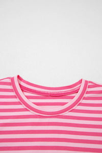 Stripe Drop Shoulder Round Neck Top and Buttoned Straight Pants Two Piece Set Thumbnail 9