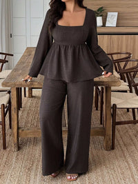 Plus Size Square Neck Long Sleeve Top and Pants Two-Piece Set Thumbnail 5