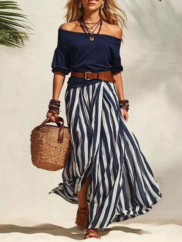 Off Shoulder Top and Striped Maxi Skirt Set - Women's Clothing & Dresses USA