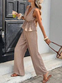 Striped Sleeveless Top and Wide Leg Pants Set Thumbnail 5