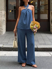 Halter Neck Top and Wide-Leg Pants Set Thumbnail 1