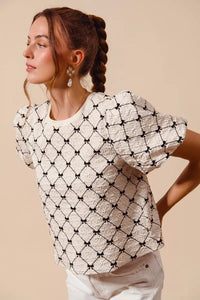 SO ME Bow Texture Woven Bubble Sleeve Top Thumbnail 5