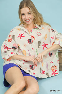 Umgee Seashell & Starfish Print Button-Down Top Thumbnail 6