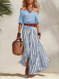 Off Shoulder Top and Striped Maxi Skirt Set Thumbnail 11