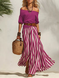 Off Shoulder Top and Striped Maxi Skirt Set Thumbnail 10