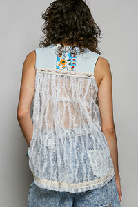 POL Floral V-Neck Sheer Tank with Lace Trim Thumbnail 4