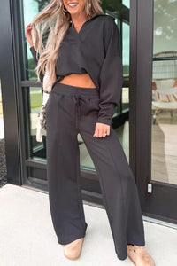 Collared V Neck Pullover Sweatshirt Sweatpants Set Thumbnail 1
