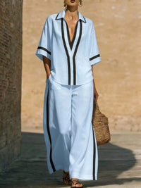 Full Size Contrast Trim Top and Pants Set Plus Size Thumbnail 1