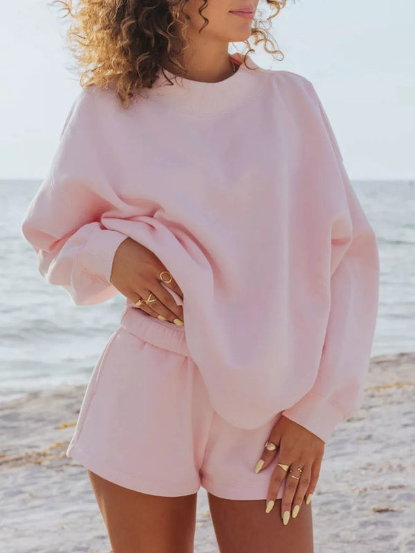 Relaxed Fit Round Neck Sweatshirt and Shorts Set - Women's Clothing & Dresses USA