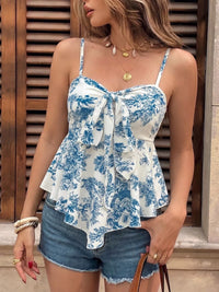 Floral Print Tie Front Ruffle Hem Cami Thumbnail 1